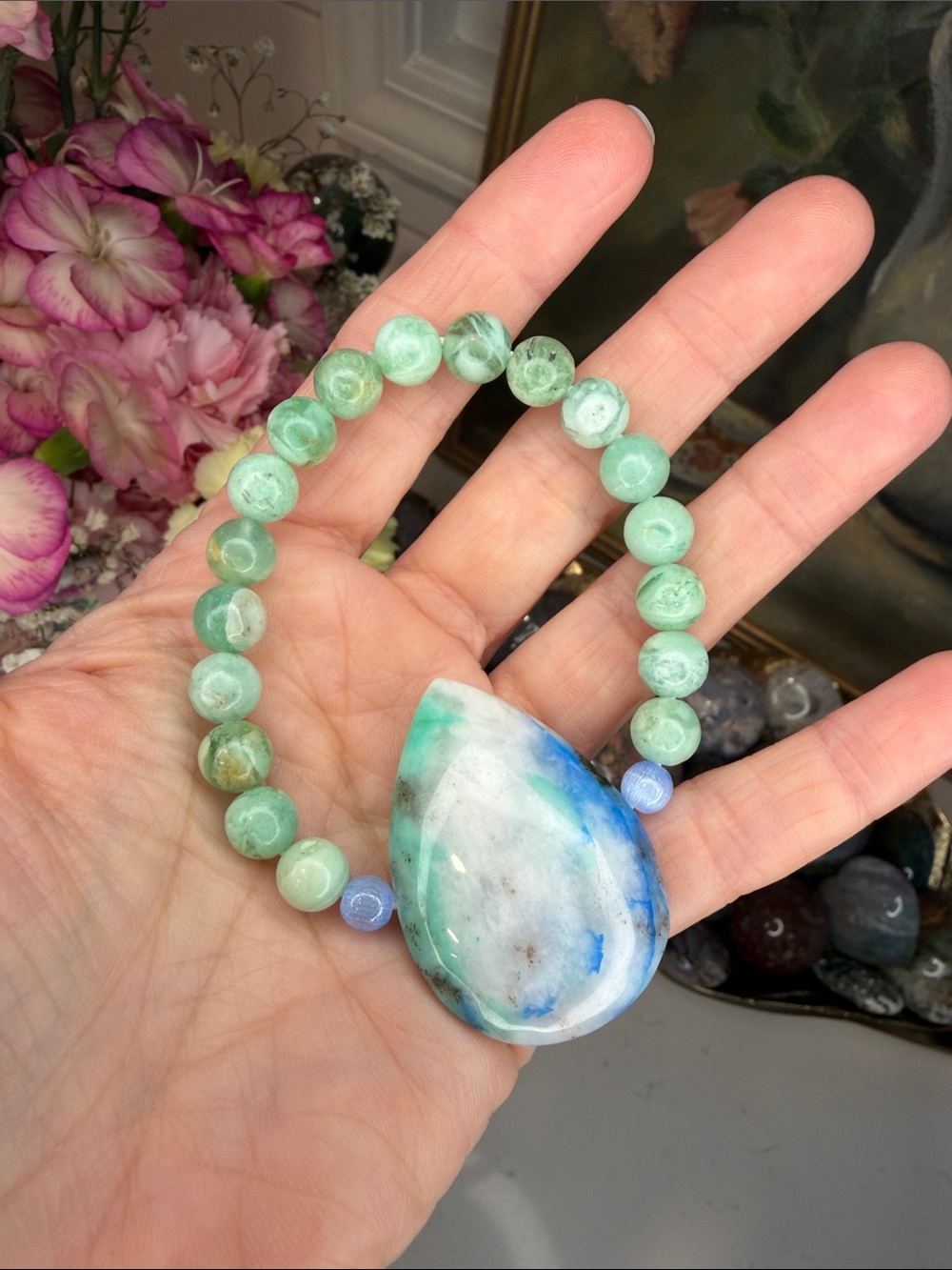 Chlorite w Phoenix Stone and Blue Cateye Bracelet: B1273